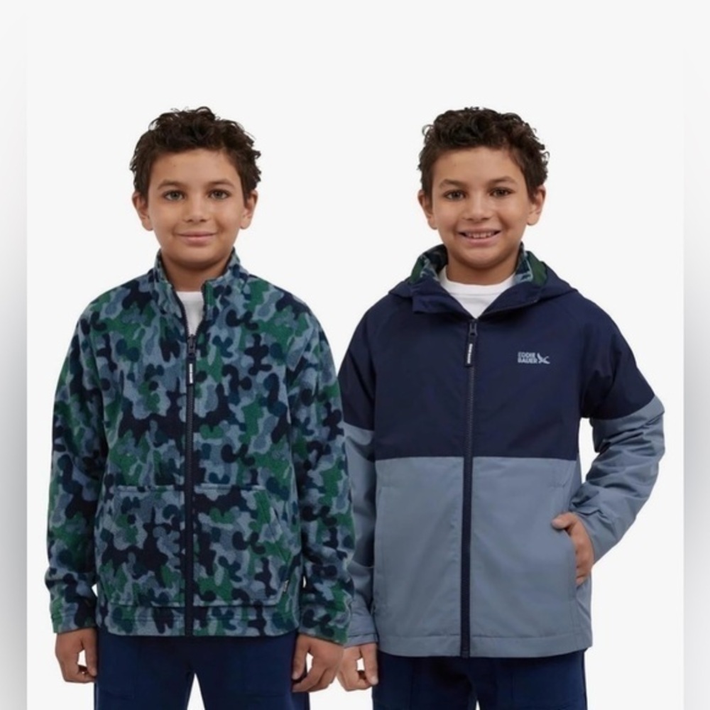 NWT Eddie Bauer Kids Green Camo and Blue 3 in 1 Light Weight Jacket Size M 10/12